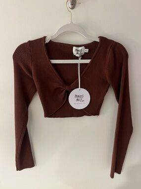 Princess Polly Chocolate Brown Ribbed Twist-Front Long Sleeve Crop Top